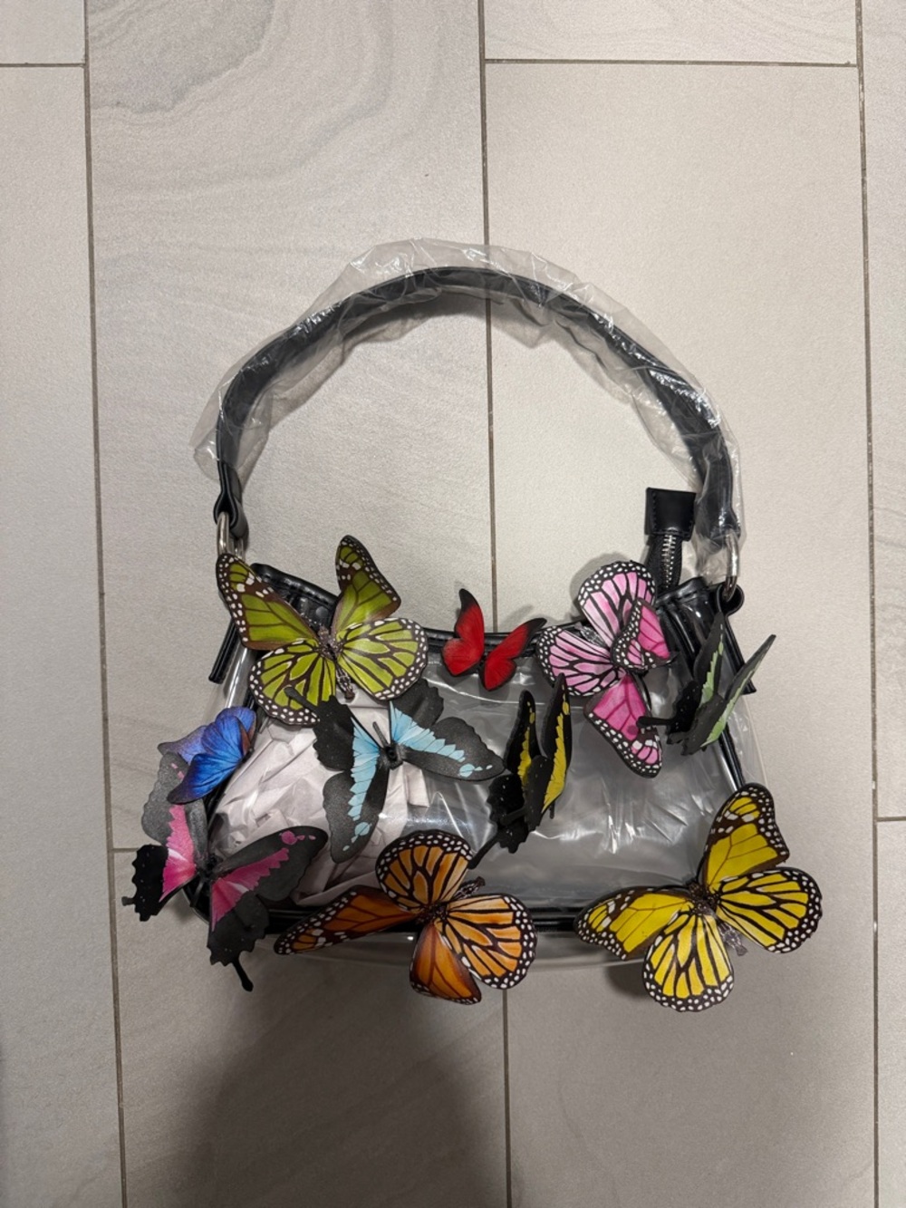 Clear Handbag with Colorful Butterfly Appliqués